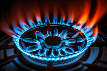 Blue flames from gas burner in oven. Generative AI.