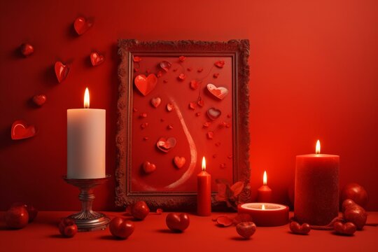 A unique greeting card design with candle, hearts, picture frame on a red backdrop. Generative AI