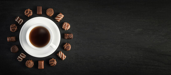 Bonbon Chocolate Pralines Texture Background, Cocoa Candies Banner, Chocolate Praline on Black