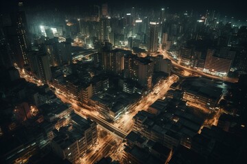 Aerial view of urban nightscape. Generative AI