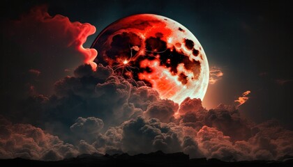Blood moon or red moon in the night time sky with clouds concept generative ai