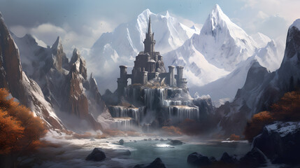 A lonely tower in a snowy mountain. Generative AI