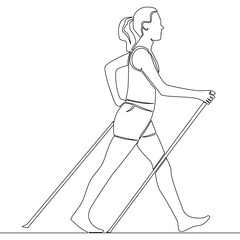 Continuous line drawing Woman walks on foot with walking sticks. Nordic walking icon vector illustration concept