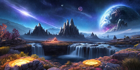 Fantasy planet with river on foreground . AI Generative