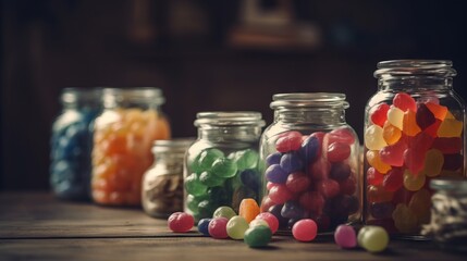 Fototapeta na wymiar a row of glass jars filled with candy beans on a table. generative ai
