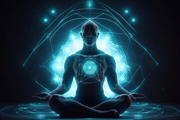 Abstract futuristic image of man yogi sits in a lotus pose, body connection points with universe concept, created with Generative AI