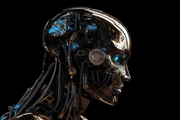 Fototapeta na wymiar Detailed futuristic robot, cyborg head with dark background. Generative AI Technology