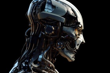 Fototapeta premium Detailed futuristic robot, cyborg head with dark background. Generative AI Technology