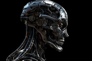 Detailed futuristic robot, cyborg head with dark background. Generative AI Technology