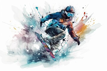 Naklejka premium Illustration painting of a snowboarding on white background. Snowboard. Winter sport concept. Generative AI Technology