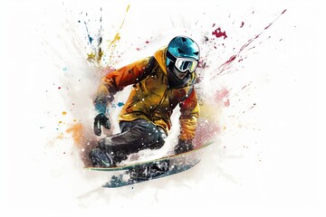 Illustration painting of a snowboarding on white background. Snowboard. Winter sport concept. Generative AI Technology