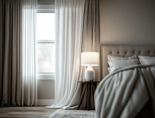 Gauzy and casual curtains in a contemporary bedroom. Generative AI. - obrazy, fototapety, plakaty