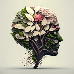 generative AI, Human brain tree with flowers and butterfly  , self care and mental healthy approach , positive and productive thinking , creative mind.