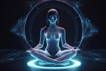 Fotobehang Abstract futuristic image of woman yogi sits in a lotus pose, body connection points with universe concept, created with Generative AI © Nacci
