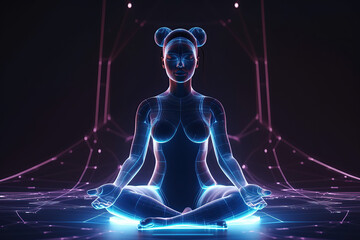 Abstract futuristic image of woman yogi sits in a lotus pose, body connection points with universe concept, created with Generative AI