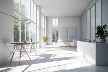 Fototapeta na wymiar 3D rendered interior with white walls and natural light from window. Generative AI