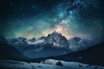 Watercolor painting of starry night sky over snow-capped mountain peaks. Generative AI