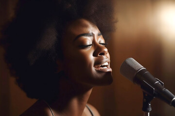 Afro-american woman singing jazz, closeup. Generative AI
