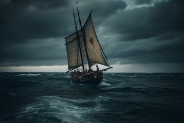 Fototapeta premium Abandoned sailboat adrift in tempestuous sea with dark clouds above. Generative AI