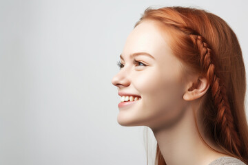 Naklejka premium Beautiful young redhead long haired with braid woman profile, copyspace, banner. Generative AI