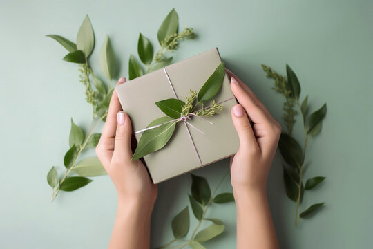 Woman hands holding giftbox decorated with green leaves branches, flatlay. Generative AI