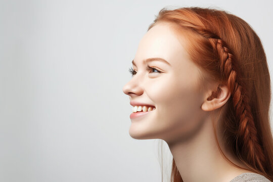 Beautiful young redhead long haired with braid woman profile, copyspace, banner. Generative AI