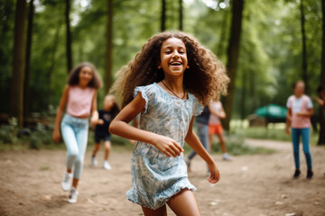 Fototapeta premium Young smiling girl in the summer camp, AI generated