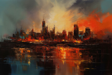 Fototapeta na wymiar AI generated oil painting of the London skyline during sunset