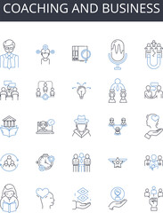 Coaching and business line icons collection. Leadership and management, Marketing and advertising, Nerking and outreach, Organization and planning, Analysis and assessment, Development Generative AI