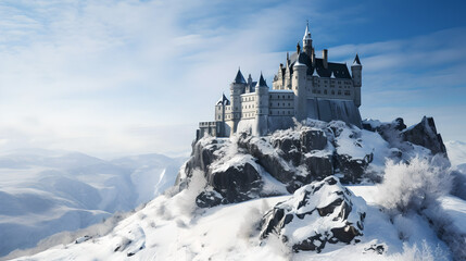 A beautiful medieval castle on top of a snowy mountain. AI generative.