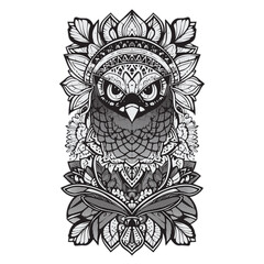 Hand drawn vector owl with ethnic doodle patterned illustration, silhouette. Black and white zentangle art for coloring book, tattoo, poster, print, t-shirt.