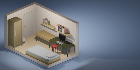 3d illustration of isometric minimal bedroom + study room of introvert teenage man during work from home period from virus