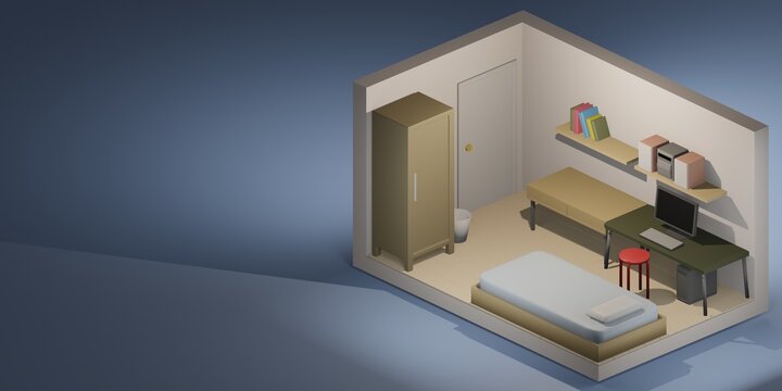 3d illustration of isometric minimal bedroom + study room of introvert teenage man during work from home period from virus