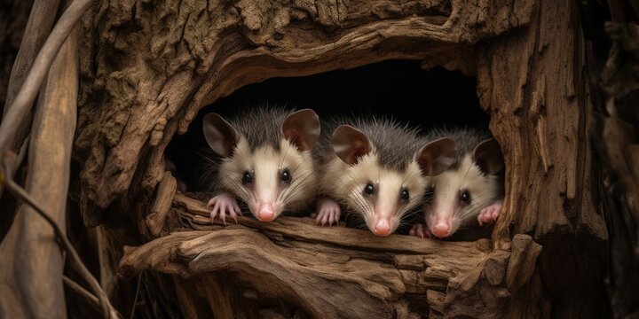 A family of opossums sleeping upside down in a tree hollow, concept of Nocturnal Animals, created with Generative AI technology
