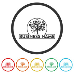  Tree business name logo. Set icons in color circle buttons