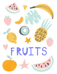 Doodle fruits. Natural tropical fruit, doodles citrus orange and vitamin lemon. Vegan kitchen apple hand drawn, organic fruits or vegetarian food. Vector isolated icons illustration set EPS