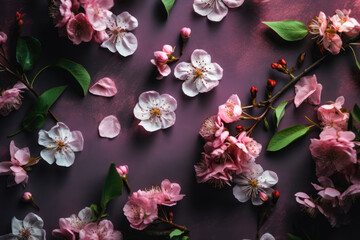 Fototapeta na wymiar Fruit tree flowers and twigs on a purple background. Created with Generative AI.