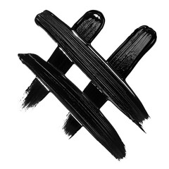 Hashtag drawn with black mascara brush on white background. Cosmetic product swatch. Smudges...