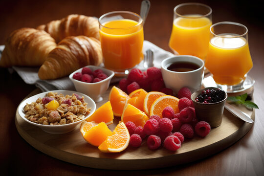 A breakfast of oranges, orange juice, raspberries, coffee, corn flacks and croissants on a table. Created with Generative AI.