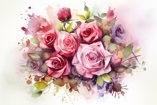 Watercolor bouquet with red and pink roses. Generative AI