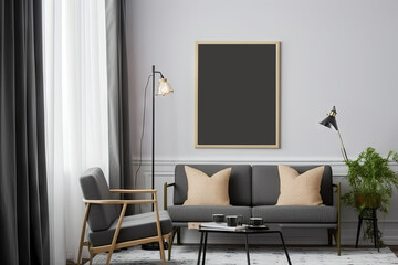 Mockup poster frame on wall of living room. Interior design concept. Generative AI Technology