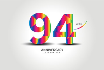 94 Year Anniversary Celebration Logo colorful vector, 94 Number Design, 94th Birthday Logo, Logotype Number, Vector Anniversary For Celebration, Invitation Card, Greeting Card. logo number Anniversary