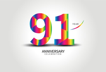 91 Year Anniversary Celebration Logo colorful vector, 91 Number Design, 91th Birthday Logo, Logotype Number, Vector Anniversary For Celebration, Invitation Card, Greeting Card. logo number Anniversary