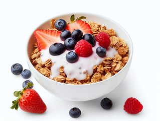 Bowl of muesli with fresh berries and yogurt isolated on white background.