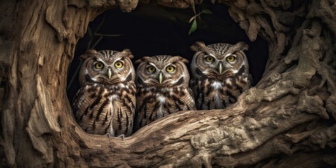 A family of owls huddled together in a tree hollow, concept of Mating behavior, created with Generative AI technology