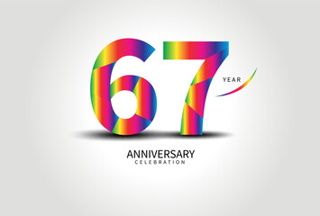 67 Year Anniversary Celebration Logo colorful vector, 67 Number Design, 67th Birthday Logo, Logotype Number, Vector Anniversary For Celebration, Invitation Card, Greeting Card. logo number Anniversary