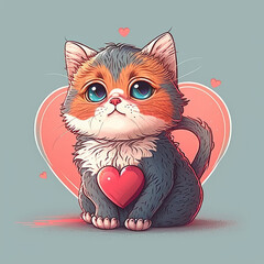 Cute illustrated cat with heart. Illustration AI Generative.