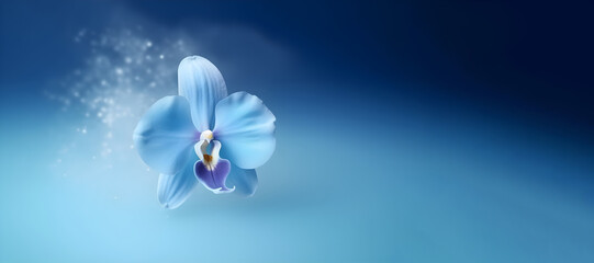 Blue delicate orchid with twinkling lights on a blue background with copy space. Generative AI.
