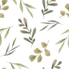 Seamless floral pattern with watercolor green branches with leaves. Hand drawn illustration. Perfect for fabric design, printing in polygraphy, textile design, notebooks, covers, etc