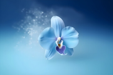 Blue delicate orchid with twinkling lights on a blue background. Generative AI.